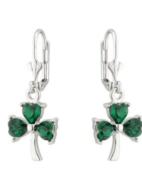 Green Clover Dangle Earrings in Silver Tone